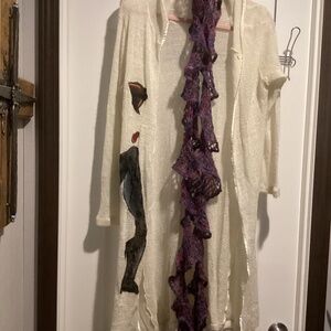 Handcrafted Soft Cream Lightweight Sweater with Hood and Painted Leg - Size XL